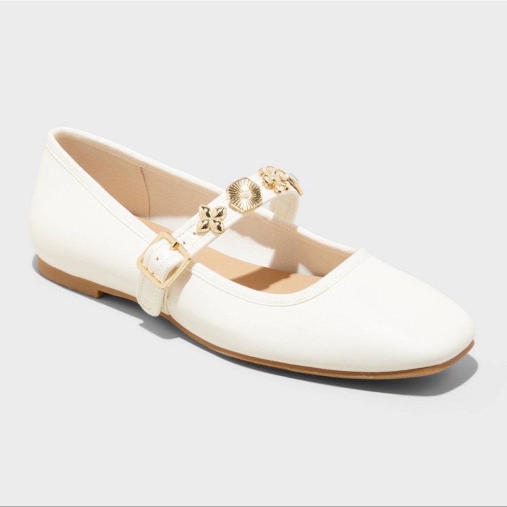 Elegant White Mary Jane Flats with Gold Accents